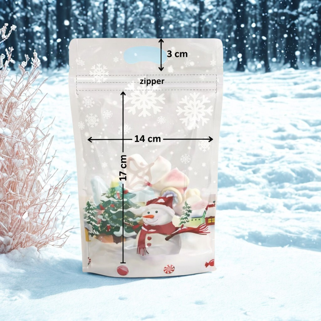 🎄 Transparent Zipper Lock Pouch – Christmas Theme Printed (Assorted Designs)- Set of 10