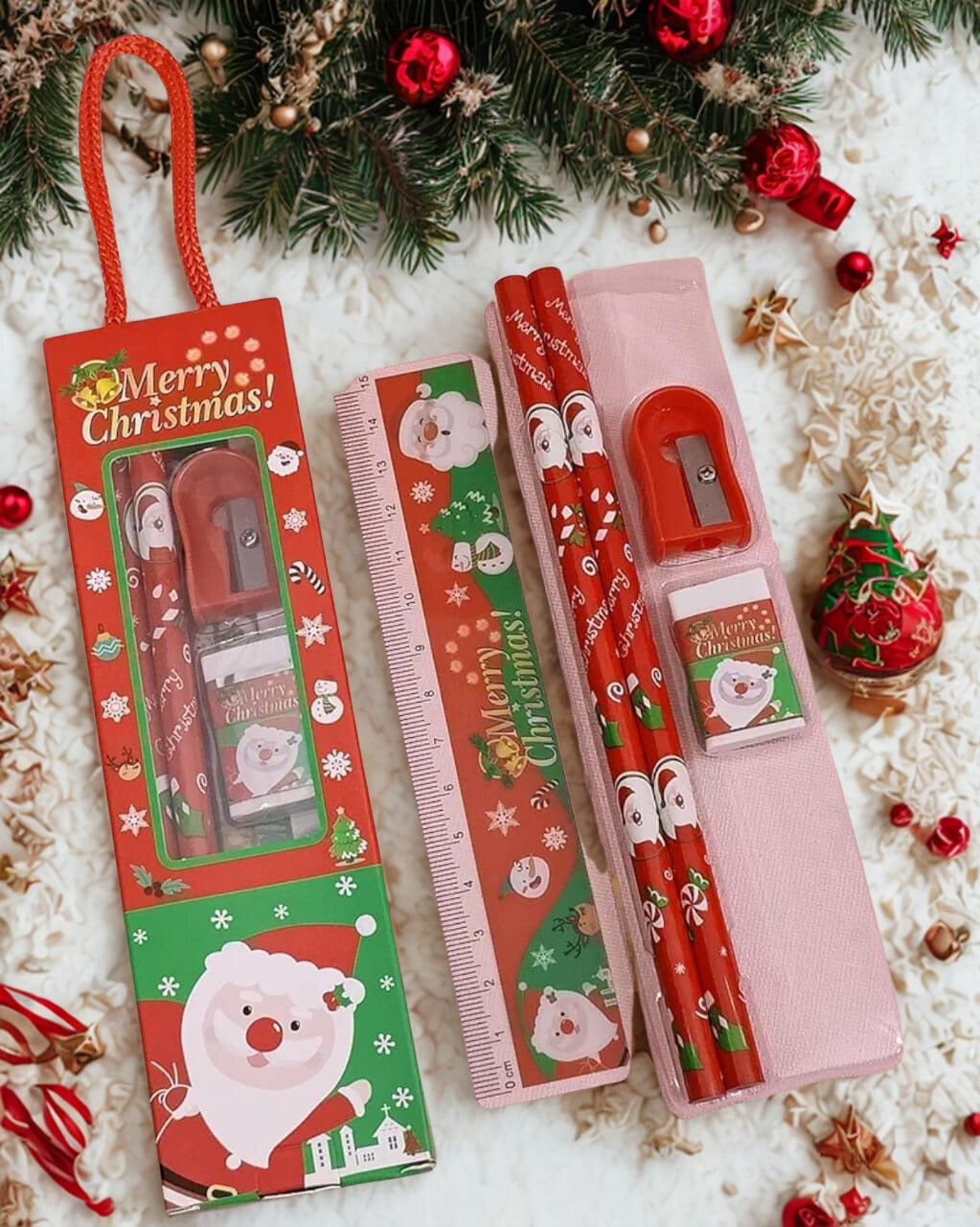 Christmas Stationery Gift Set for Kids β Pencil, Ruler, Eraser & Sharpener (Santa Theme)