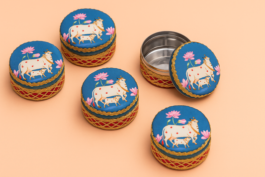 Decorative Steel Dabba – Fabric Covered Festive Gift Box (250g, Assorted Designs)-Set of 6
