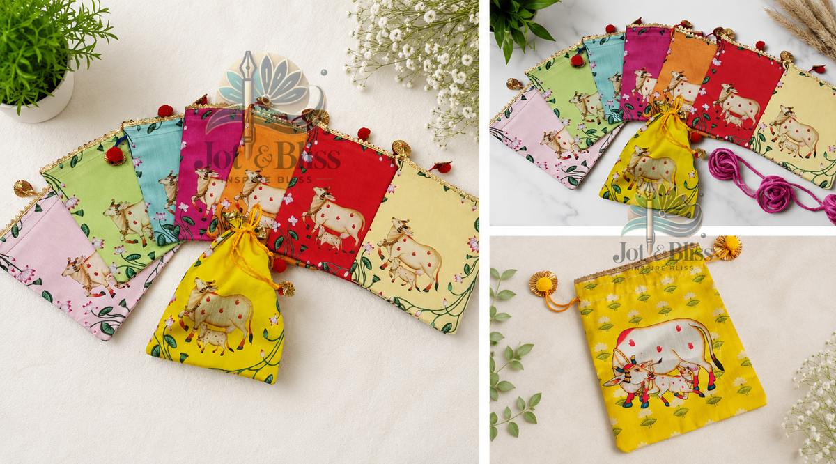 Ethnic Potli Gift Bag 7×9 Inch | Cow & Lotus Motif | Housewarming Return Gift