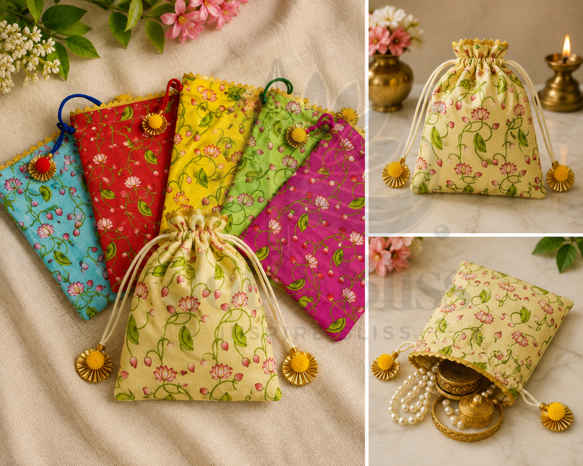 🌺 Fabric Potli Gift Bags 7×9 Inch | Wedding & Return Gift Bags | Set of 10