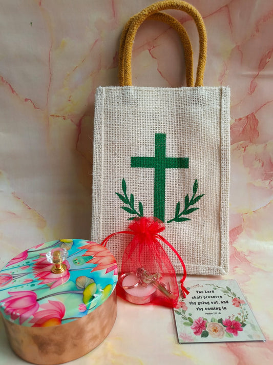 Spiritual Blessings Gift Combo | Cross Print Bag, Candle, Keychain & More