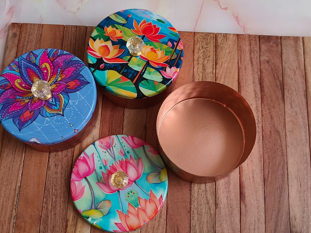 Decorative Metal Gift Box with Printed Lid & Crystal Knob β Multipurpose Storage (Assorted Designs)