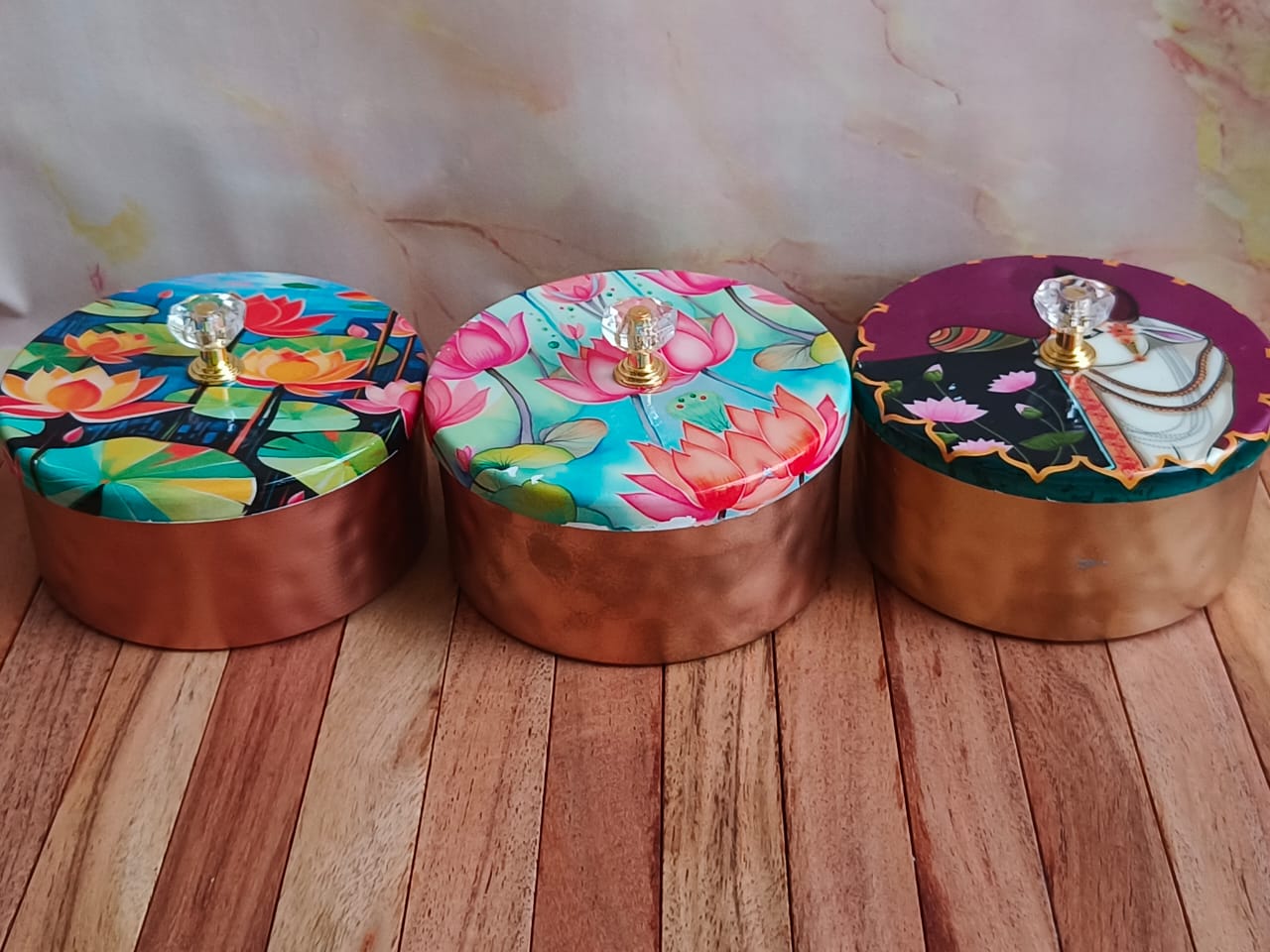Decorative Metal Gift Box with Printed Lid & Crystal Knob β Multipurpose Storage (Assorted Designs)