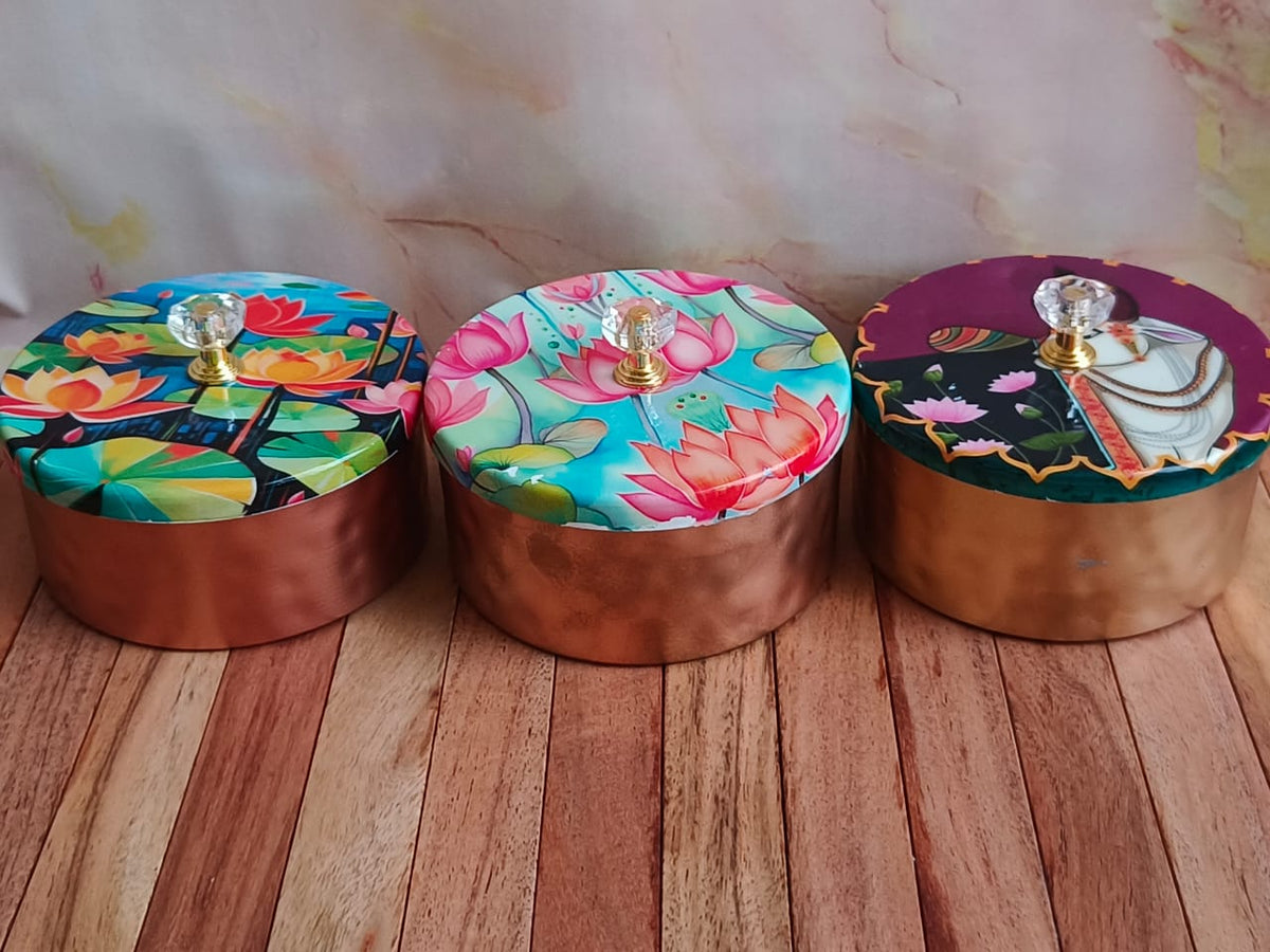 Decorative Metal Gift Box | Printed Lid & Crystal Knob