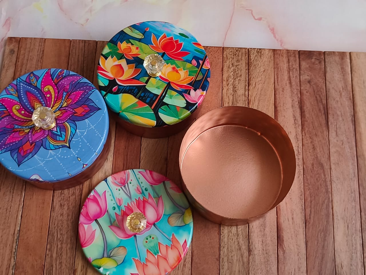 Decorative Metal Gift Box with Printed Lid & Crystal Knob β Multipurpose Storage (Assorted Designs)