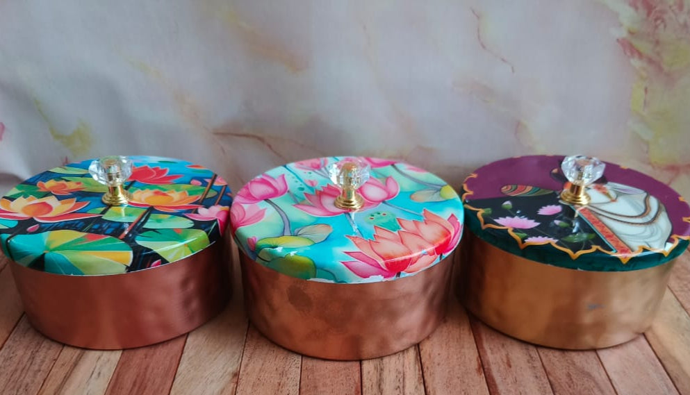 Decorative Metal Gift Box with Printed Lid & Crystal Knob β Multipurpose Storage (Assorted Designs)