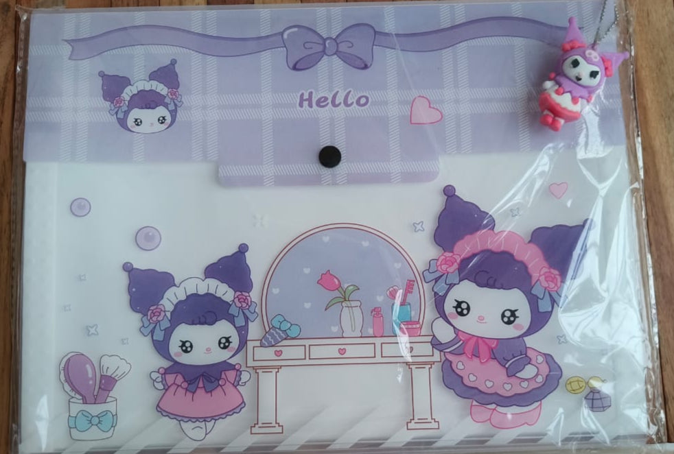 Cartoon Printed A4 Document Folder with Button & Keychain β Assorted Designs
