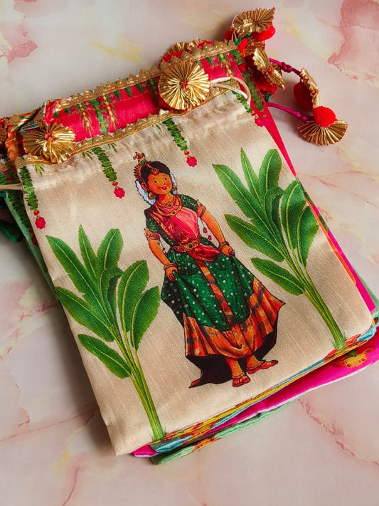 Dancing Girl Potli Bag | Green Banana Leaf Design