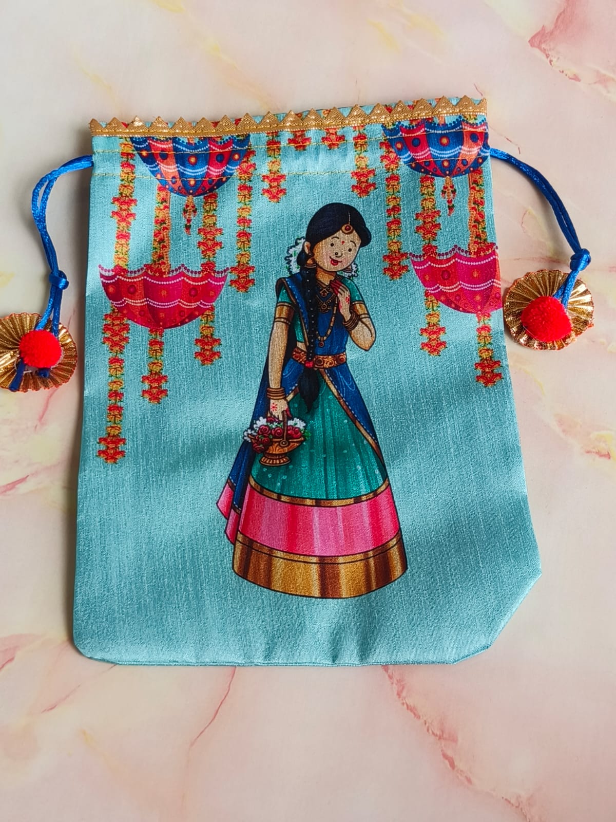 Festival Potli – Dancing Girl (Umbrella Blue) – Drawstring