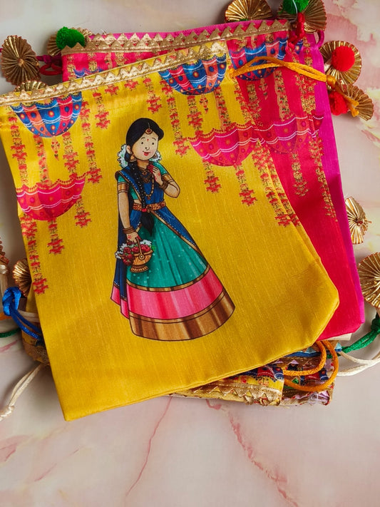 Festival Potli Bag | Dancing Girl Umbrella Blue | Drawstring