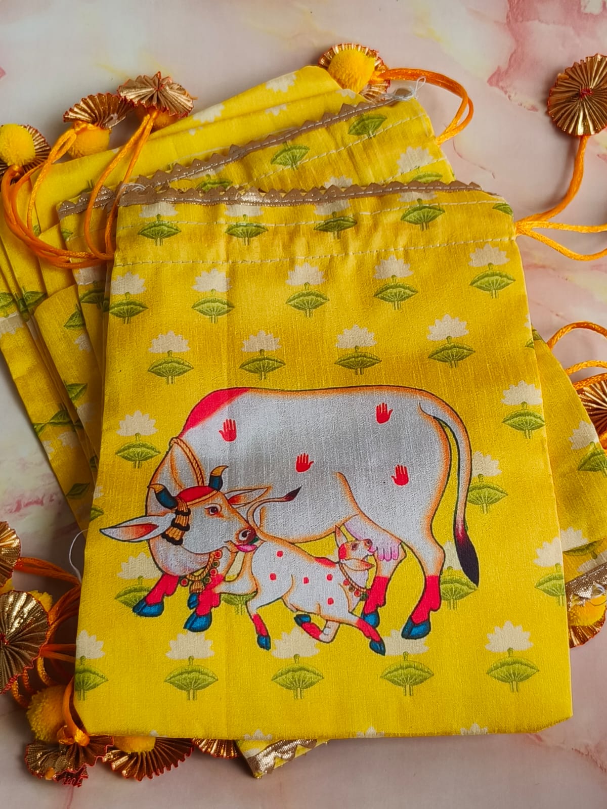 Gomata Blessings Potli Bag – Cow & Calf Yellow Drawstring | Jot & Bliss™