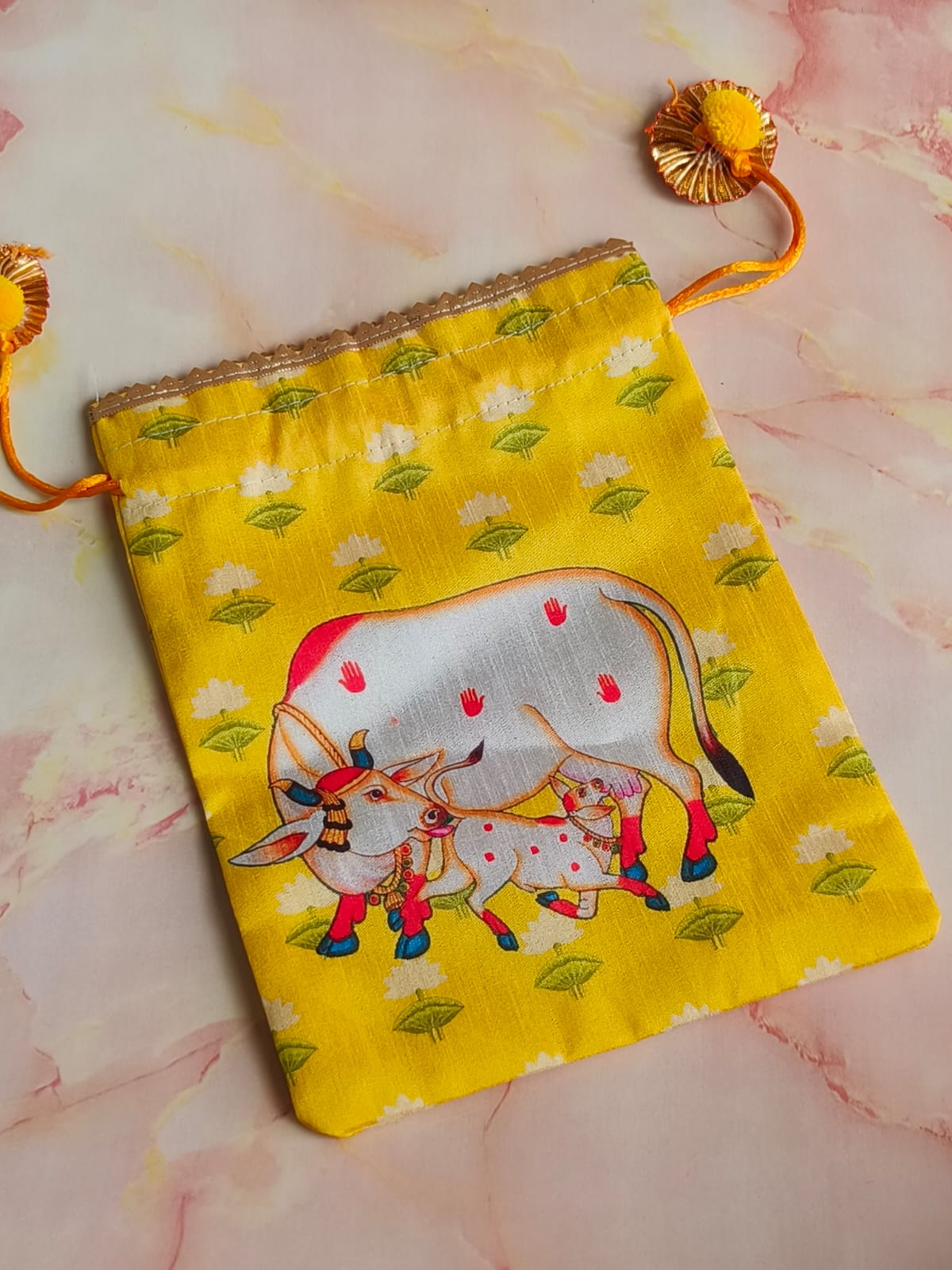 Gomata Blessings Potli Bag – Cow & Calf Yellow Drawstring | Jot & Bliss™