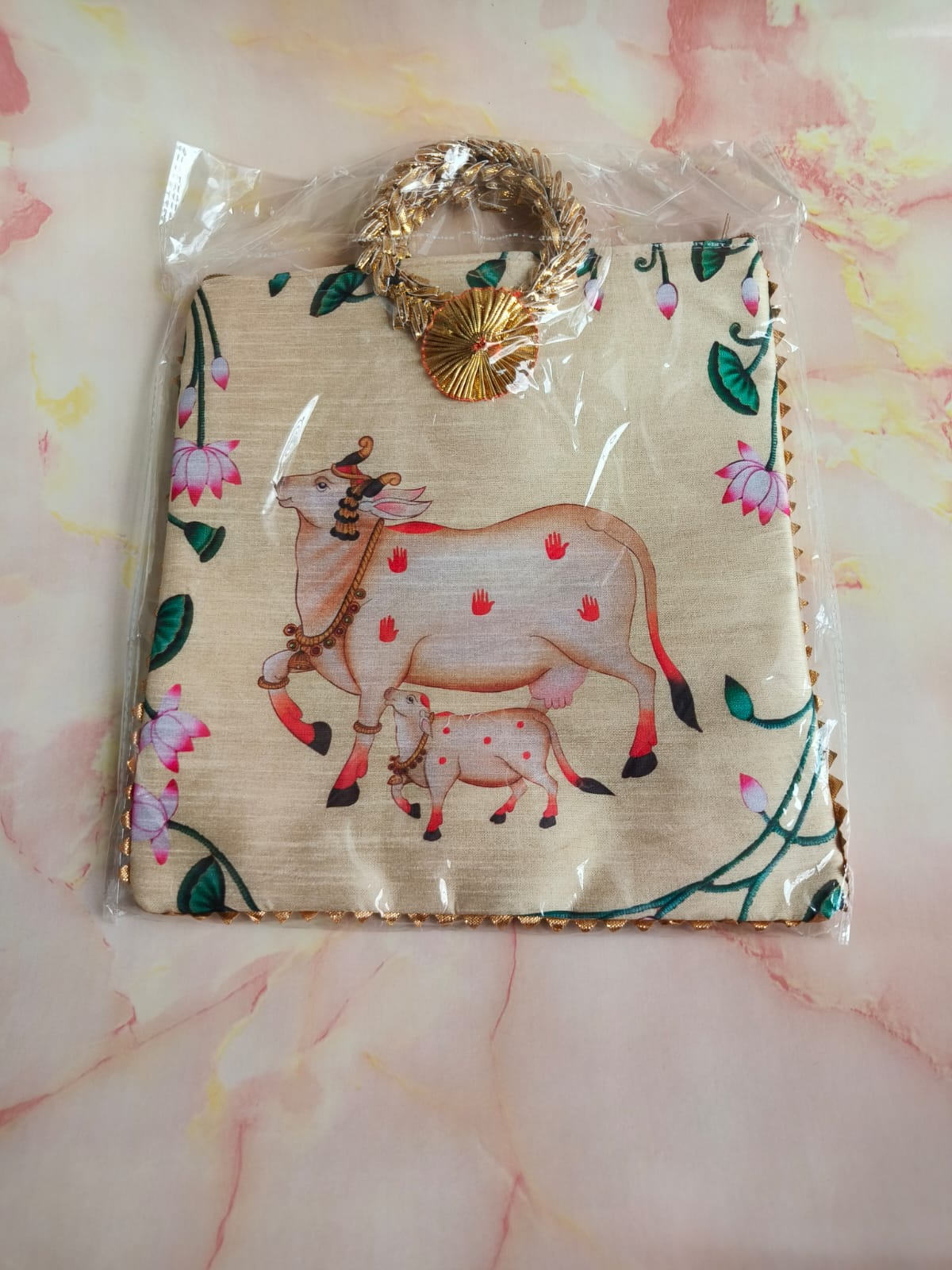 Gomata Blessings Gift Bag – Cow & Calf (Zipper Pouch) – Assorted colors
