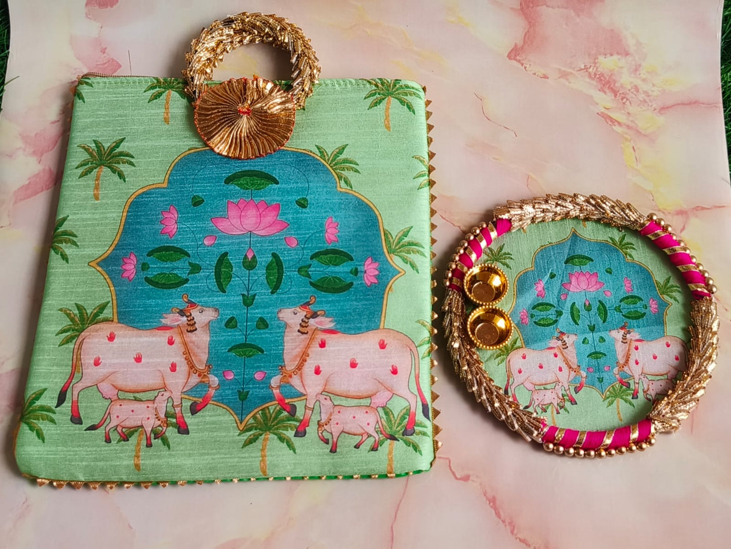 Gomata Temple Combo – Zipper Gift Bag + MDF Kumkum Plate (Matching Print)