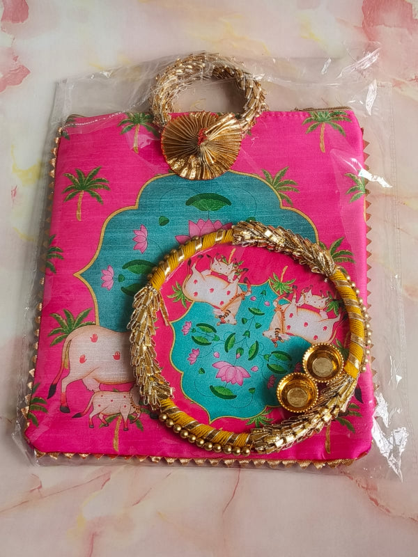 Gomata Temple Combo – Zipper Gift Bag + MDF Kumkum Plate (Matching Print)