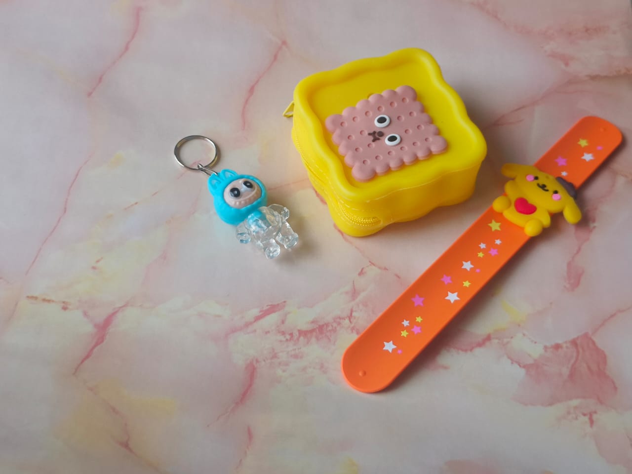π Kids Fun Combo β Biscuit Pouch + LED Keychain + Cartoon Slap Band