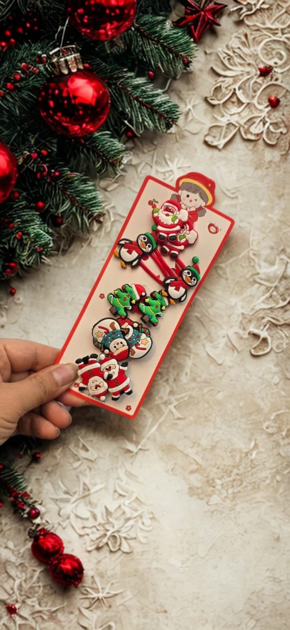 Christmas Hair Clips Set | Santa & Snowman Hair Accessories (Pack of 6)