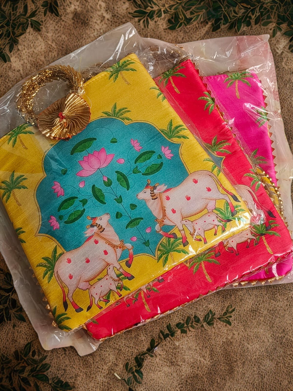 Ethnic Fabric Zipper Pouch with Cow Motif | Handmade Utility & Gift Bag Set of 10