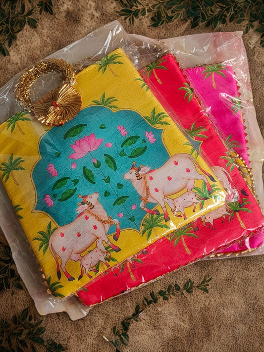 Ethnic Fabric Zipper Pouch with Cow Motif | Handmade Utility & Gift Bag Set of 10