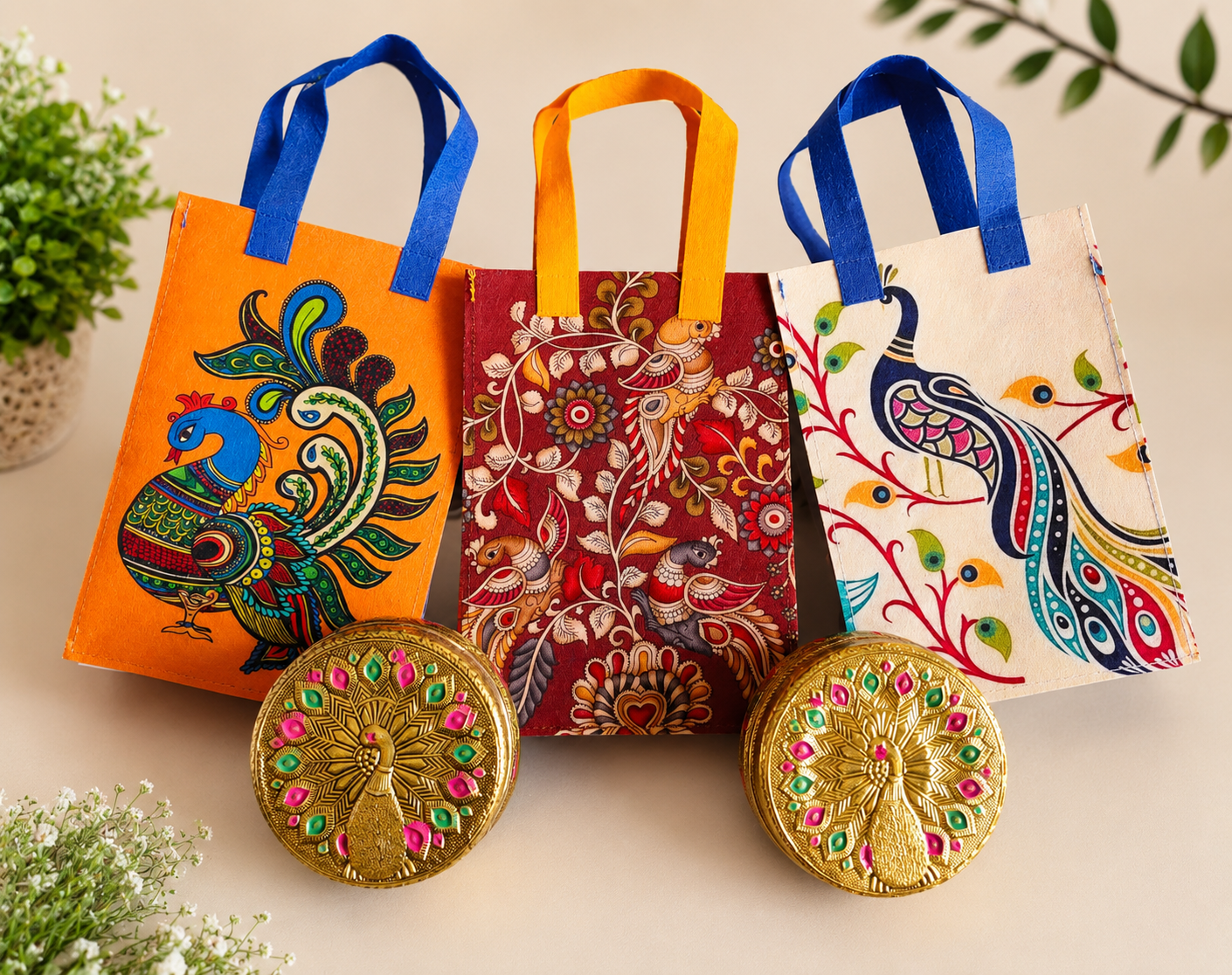Peacock Print Felt Gift Bag with Meenakari Stainless Steel Tiffin Box Combo | Return Gift Hamper | Ready Stock