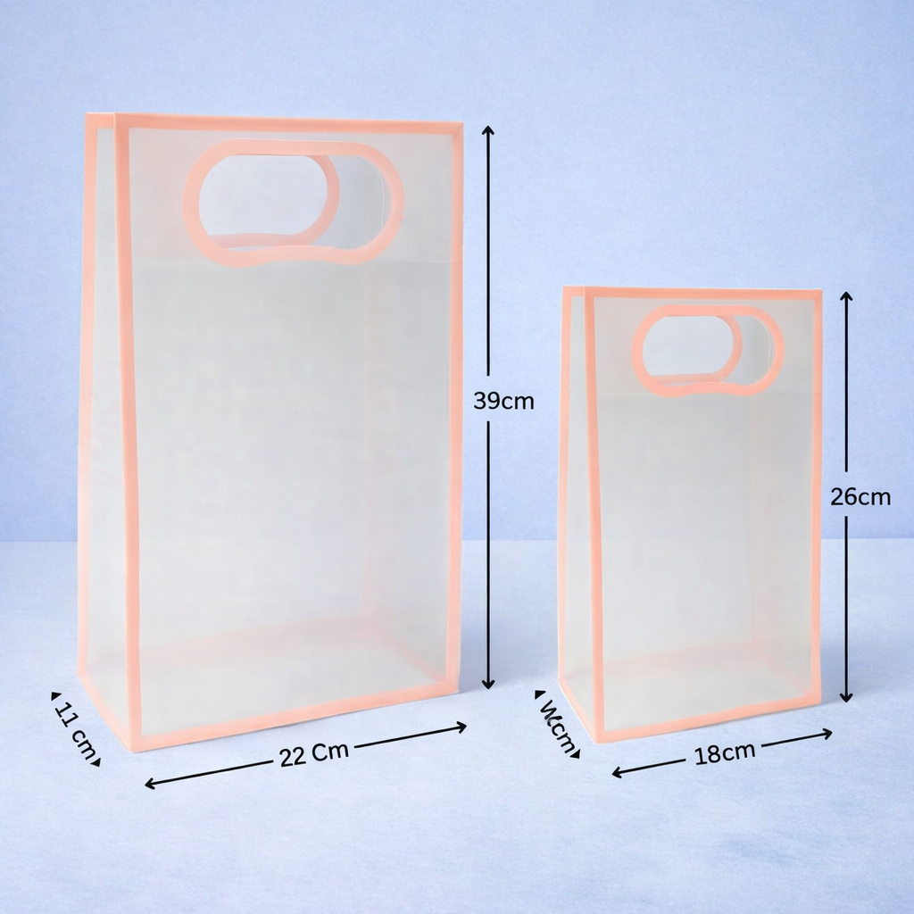 Transparent Frosted PVC Packaging peach colour Bag with Handle – Set of 5 (2 Size Options)