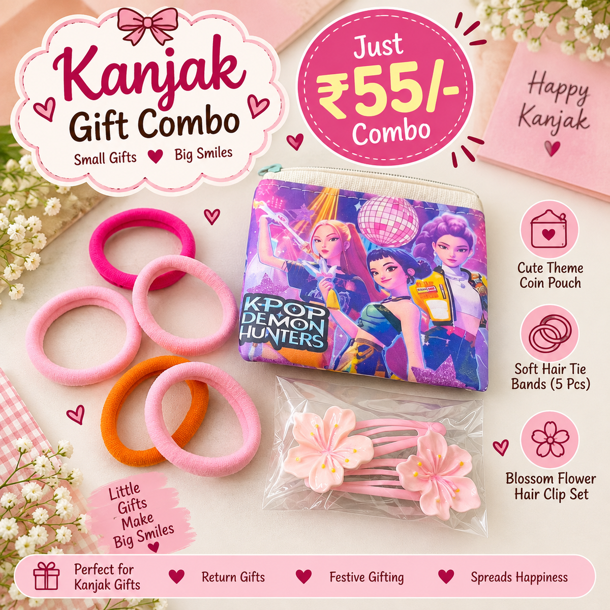 Kanjak Gift Combo β Coin Pouch, 5 Soft Hair Ties & Blossom Flower Hair Clips