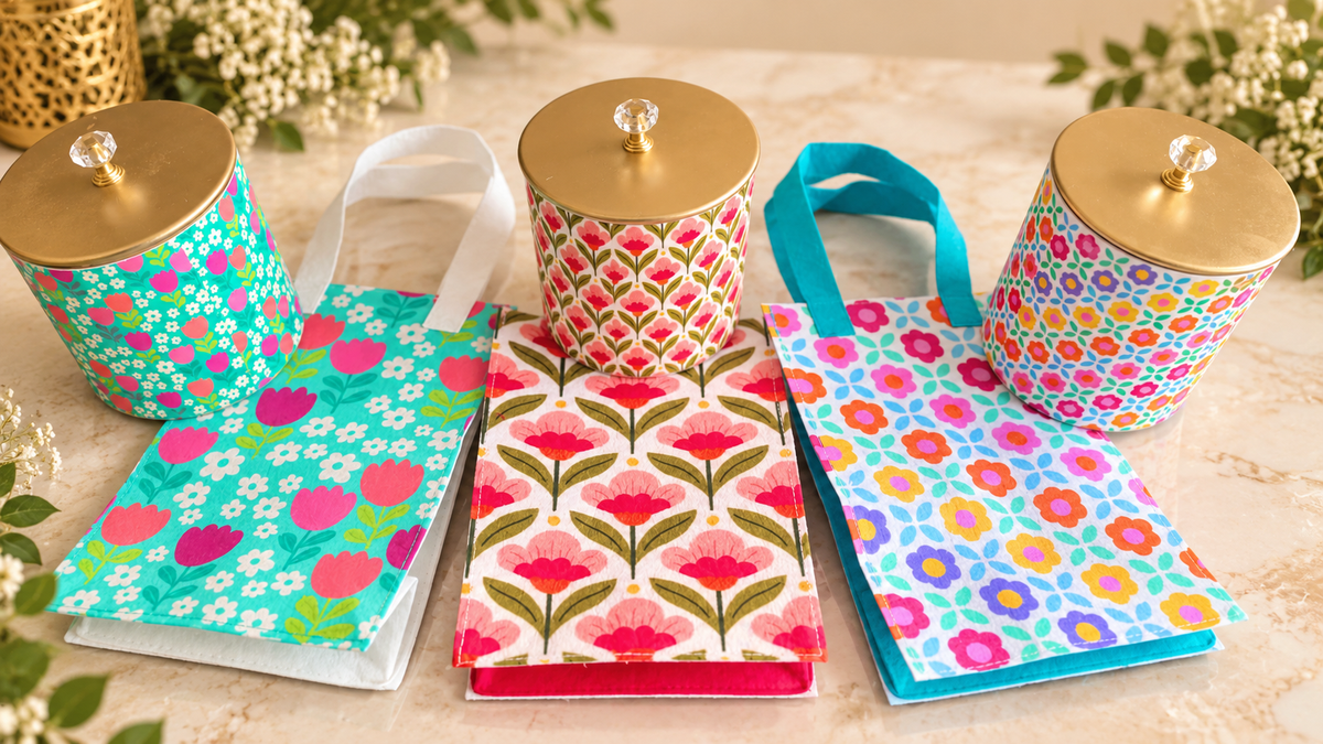Diwali Gift Set of 6 – Digital Printed Metal Pillar Jars with Matching Felt Bags | Festive Return Gifts & Premium Gifting