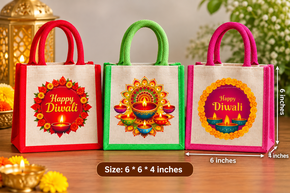 Diwali Printed Canvas Gift Bags Set of 10 | Reusable Diwali Return Gift Bags | 6ร6ร4 Inches