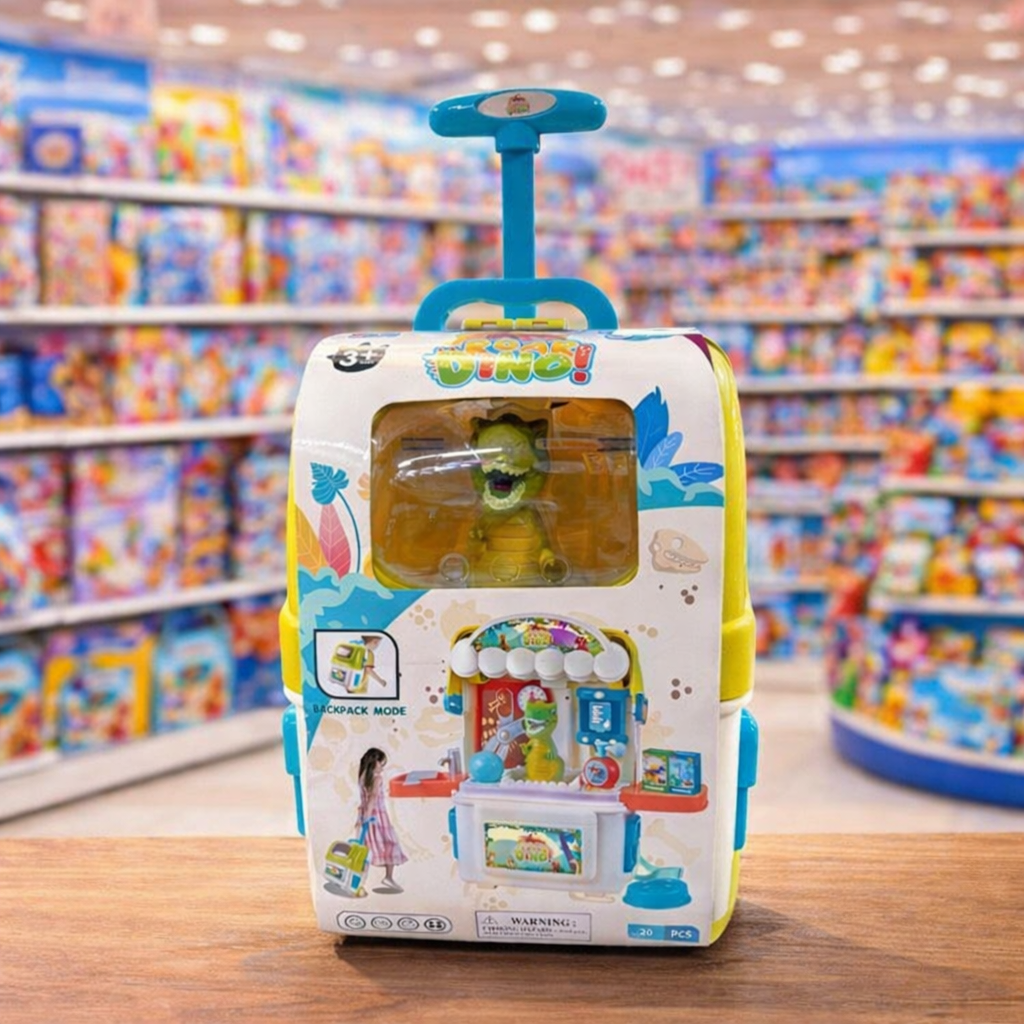 Dinosaur Backpack Toy Play Set – 20 PCS Kids Dino Pretend Play Toy with Trolley Handle | Educational Role Play Toy for Kids 3+