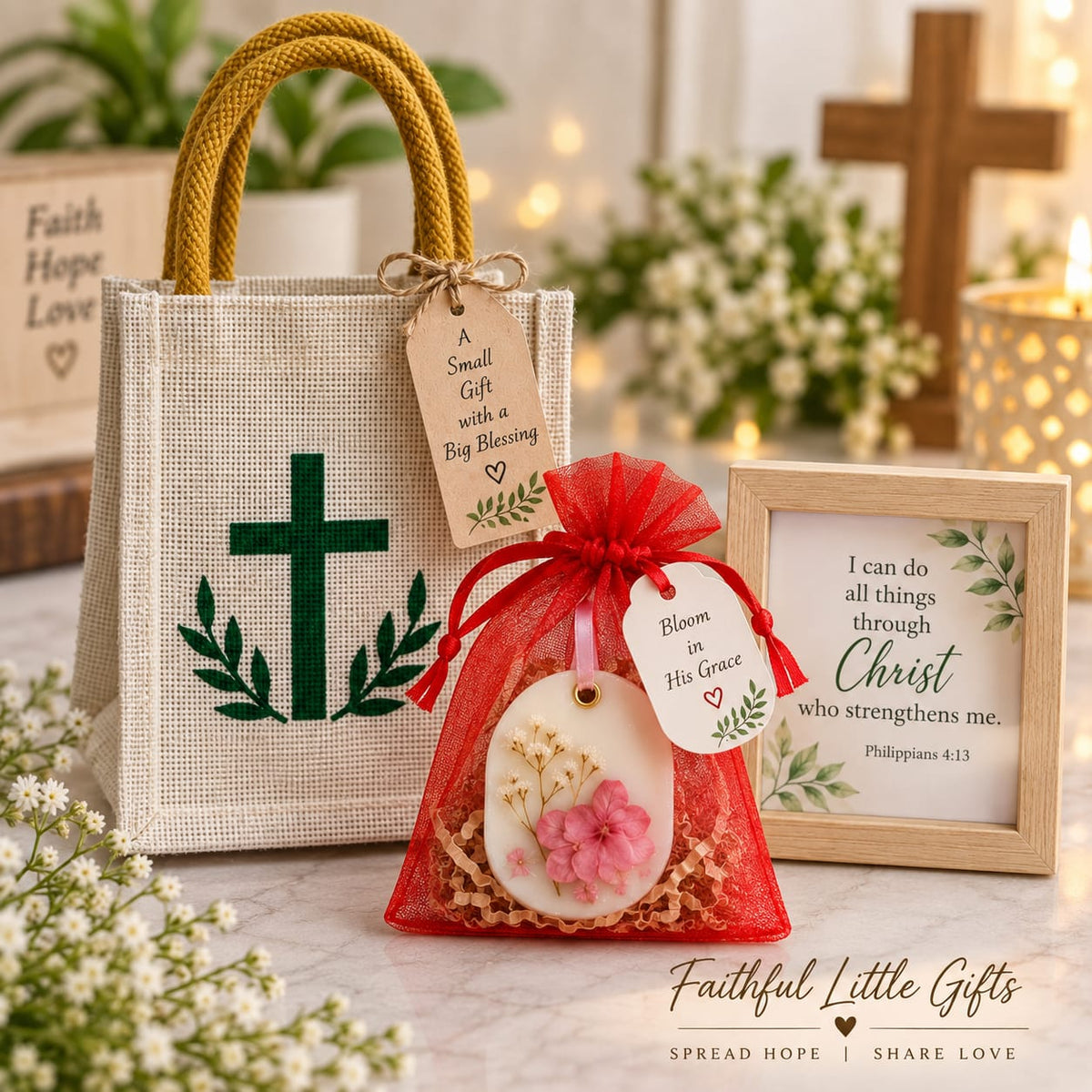 Faithful Little Gifts Combo | Cross Jute Bag, Bible Verse Frame & Vanilla Wax Sachet
