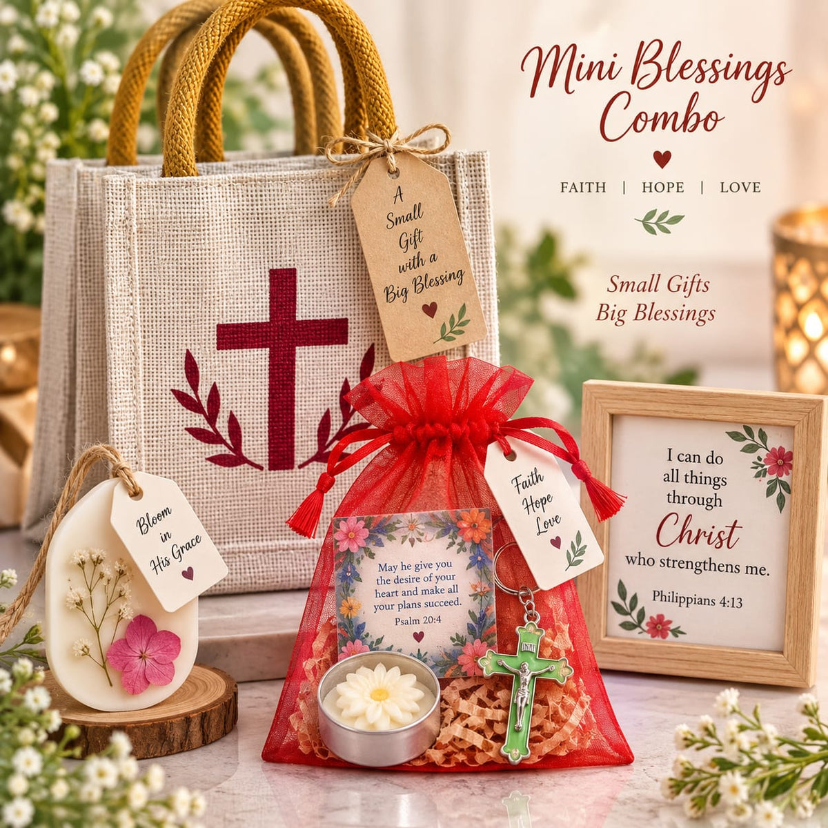 Mini Blessings Combo | Christian Gift Set with Cross Jute Bag, Bible Verse Frame & Faith Gifts