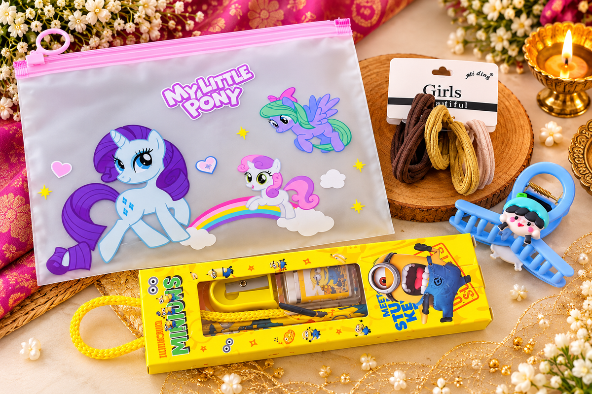 Kanjak Gift Combo for Girls | Assorted Zipper Pouch, Stationery Kit, Hair Band & Hair Claw