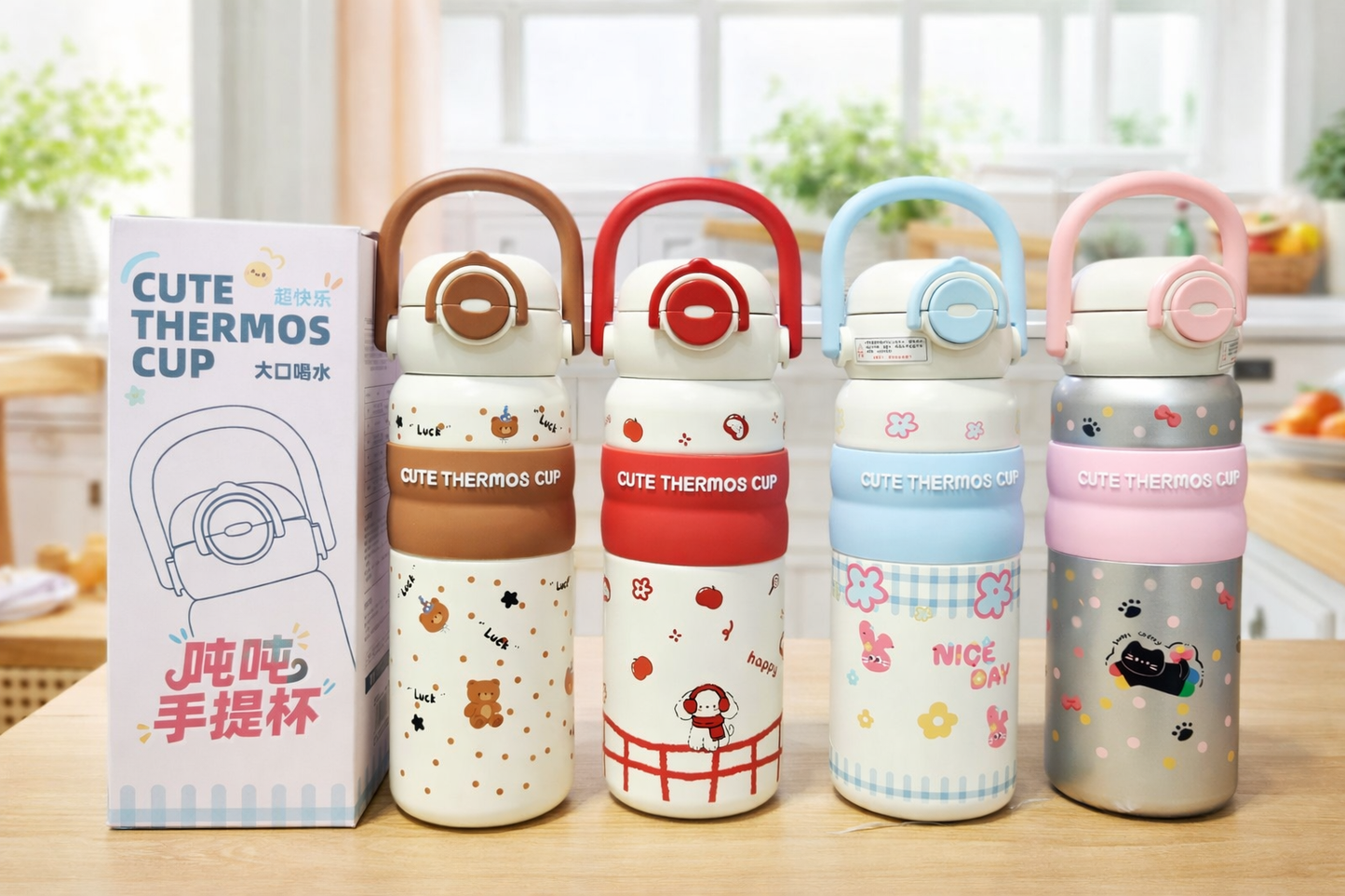 Cute Thermos Water Bottle for Kids with Handle – Insulated Leakproof Cartoon Flask