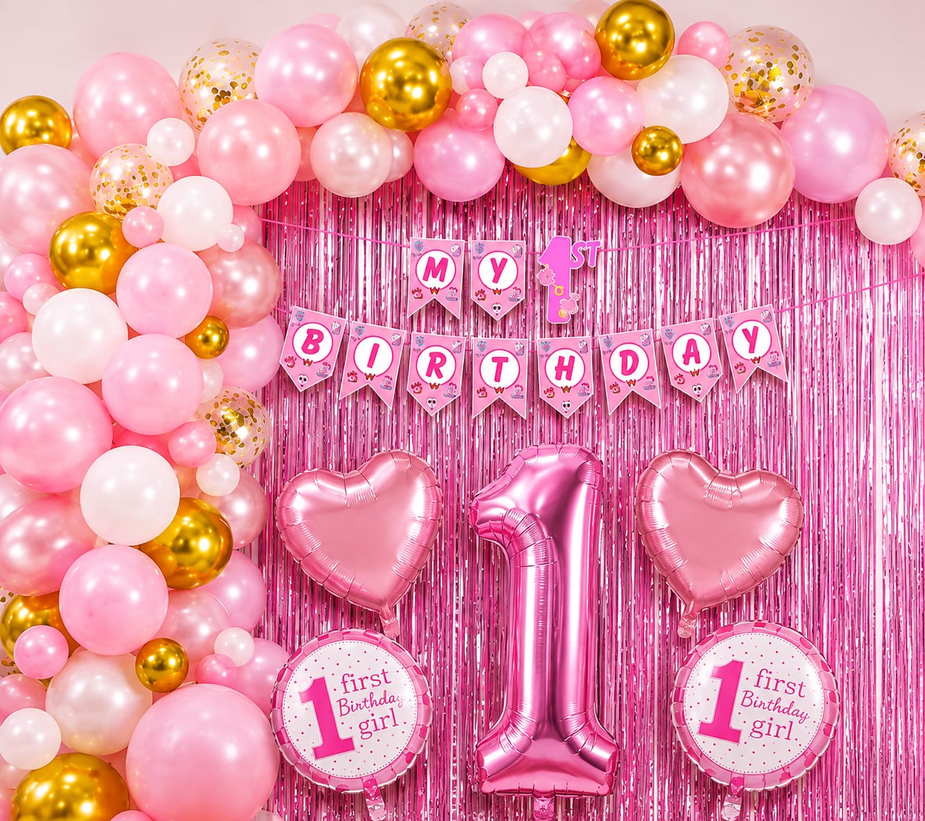 Baby Girl 1st Birthday Decoration Combo Set | Pink & Gold Balloon Party Decoration Kit