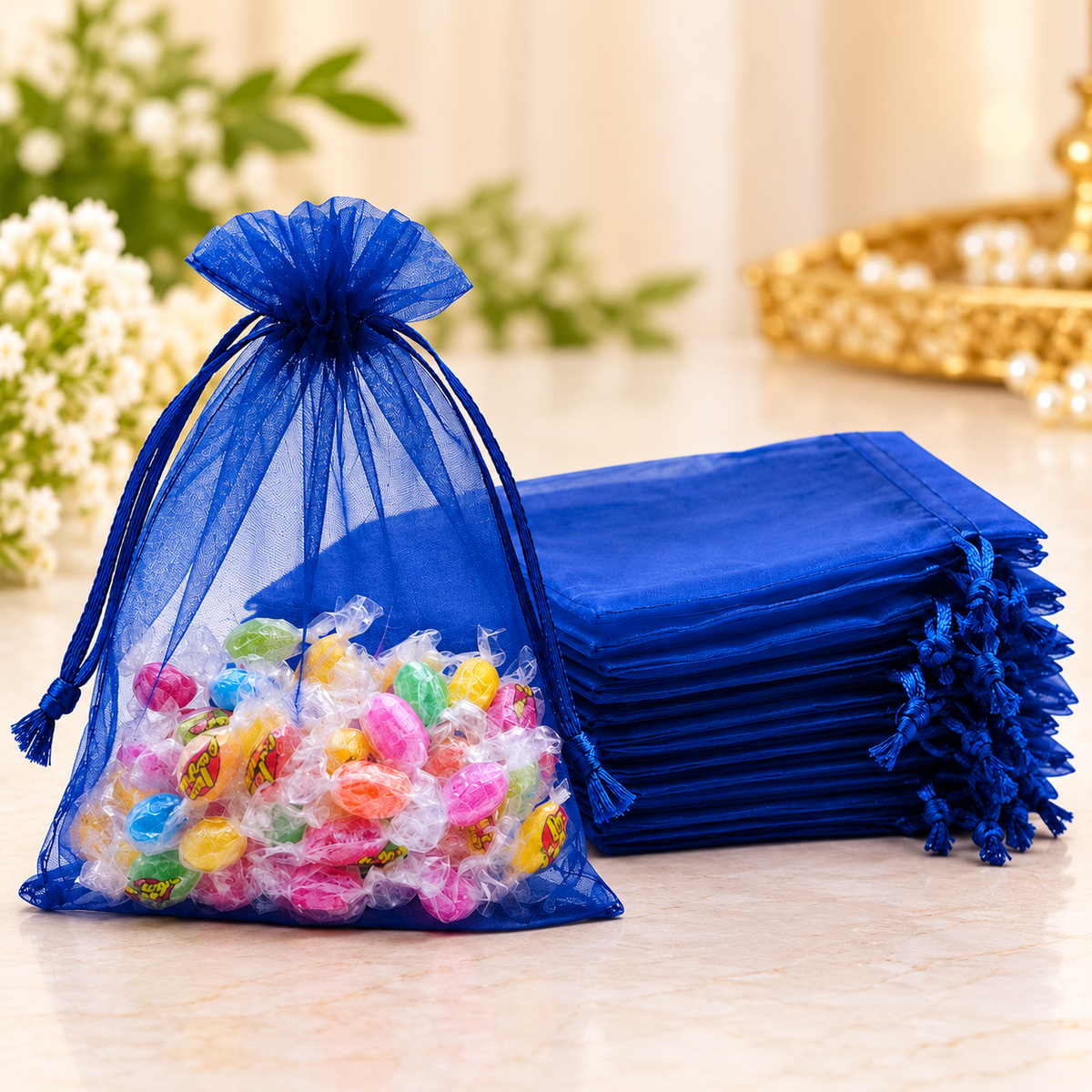 Royal Blue Organza Drawstring Pouches 3*4 inch – Set of 10 | Gift Bags