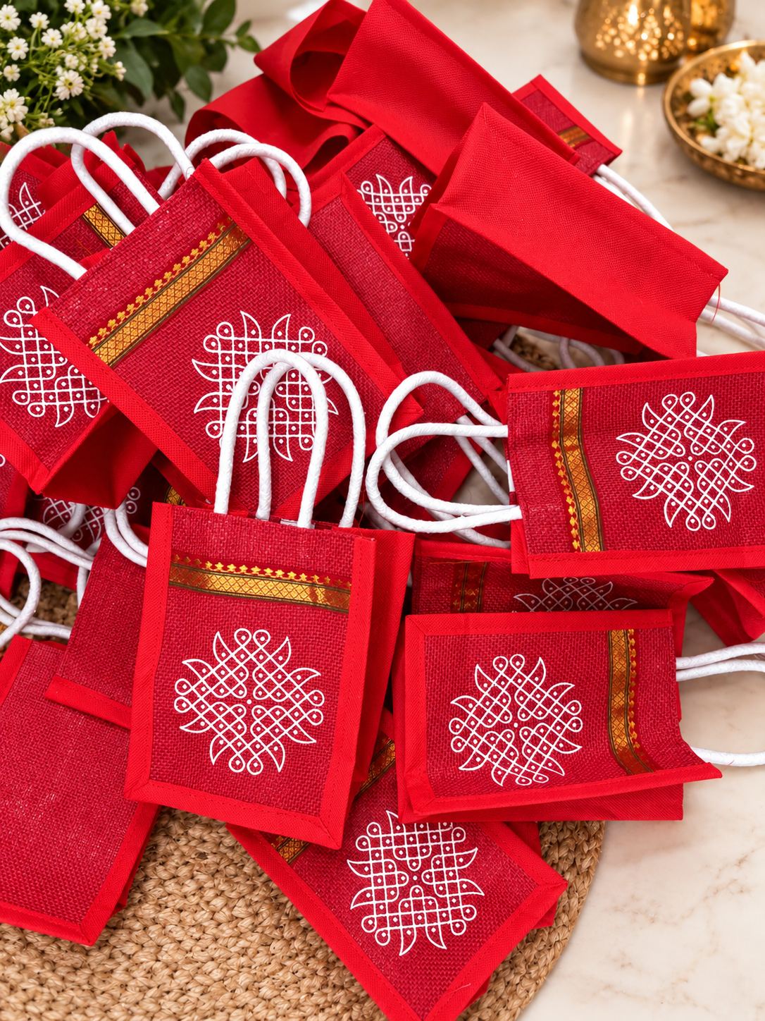 Red Jute Kolam Design Gift Bags with Velcro Closure – Set of 6 | 8 × 6 × 4 Inches