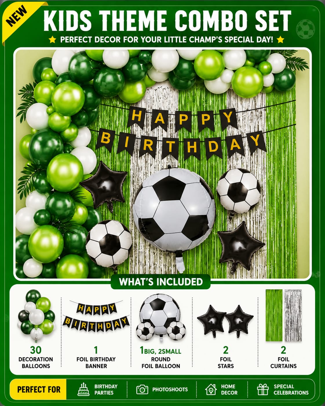Kids Football Birthday Decoration Combo Set | Green & Black Soccer Theme Balloon Party Kit