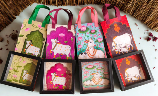 MDF Pichwai Printed Tray with Felt Bag Combo | Return Gift Set (6x6 Inch)