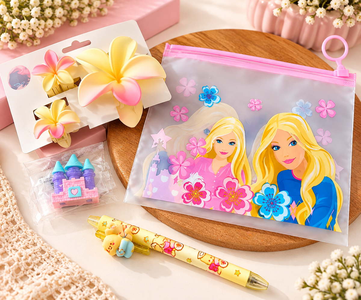 Kanjak Gift Combo for Girls | 3 Matte Flower Hair Claws, Character Zipper Pouch, Castle Eraser & Cute Bear Pen