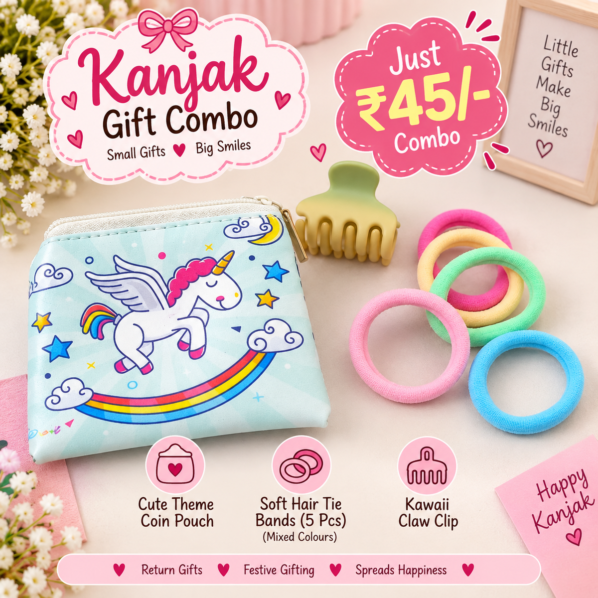 Kanjak Gift Combo β Coin Pouch, 5 Soft Hair Ties & Kawaii Claw Clip