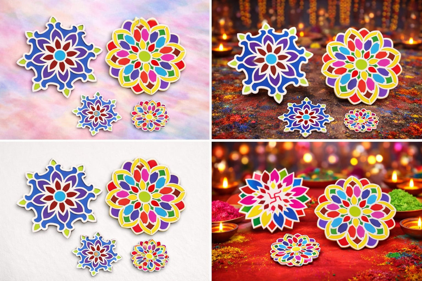 Colorful MDF Rangoli Décor – Single Piece Festival Design (4 Inch / 6 Inch) Set of 3