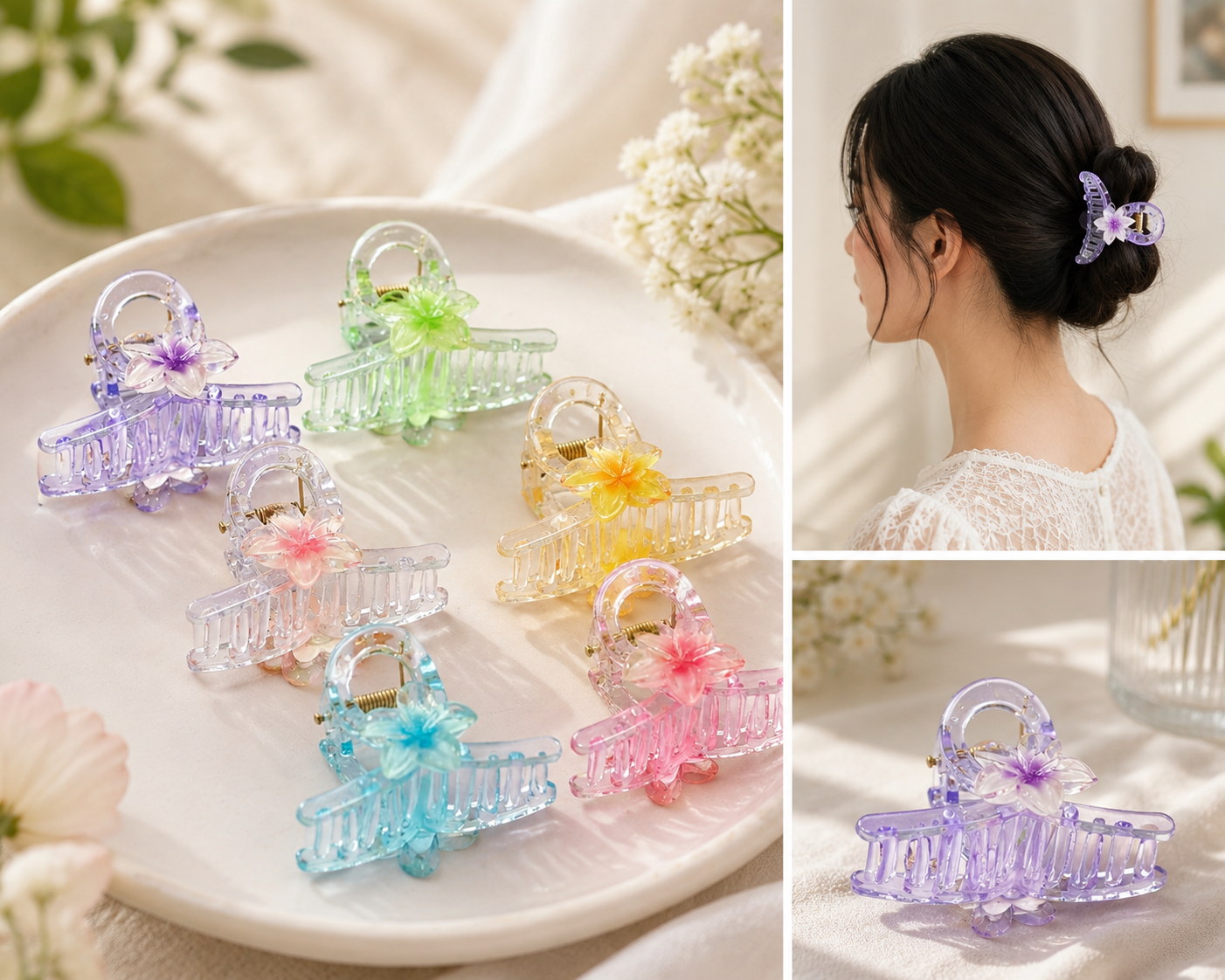 Pastel Floral Mini Claw Clip for Girls & Women | Transparent Flower Hair Claw