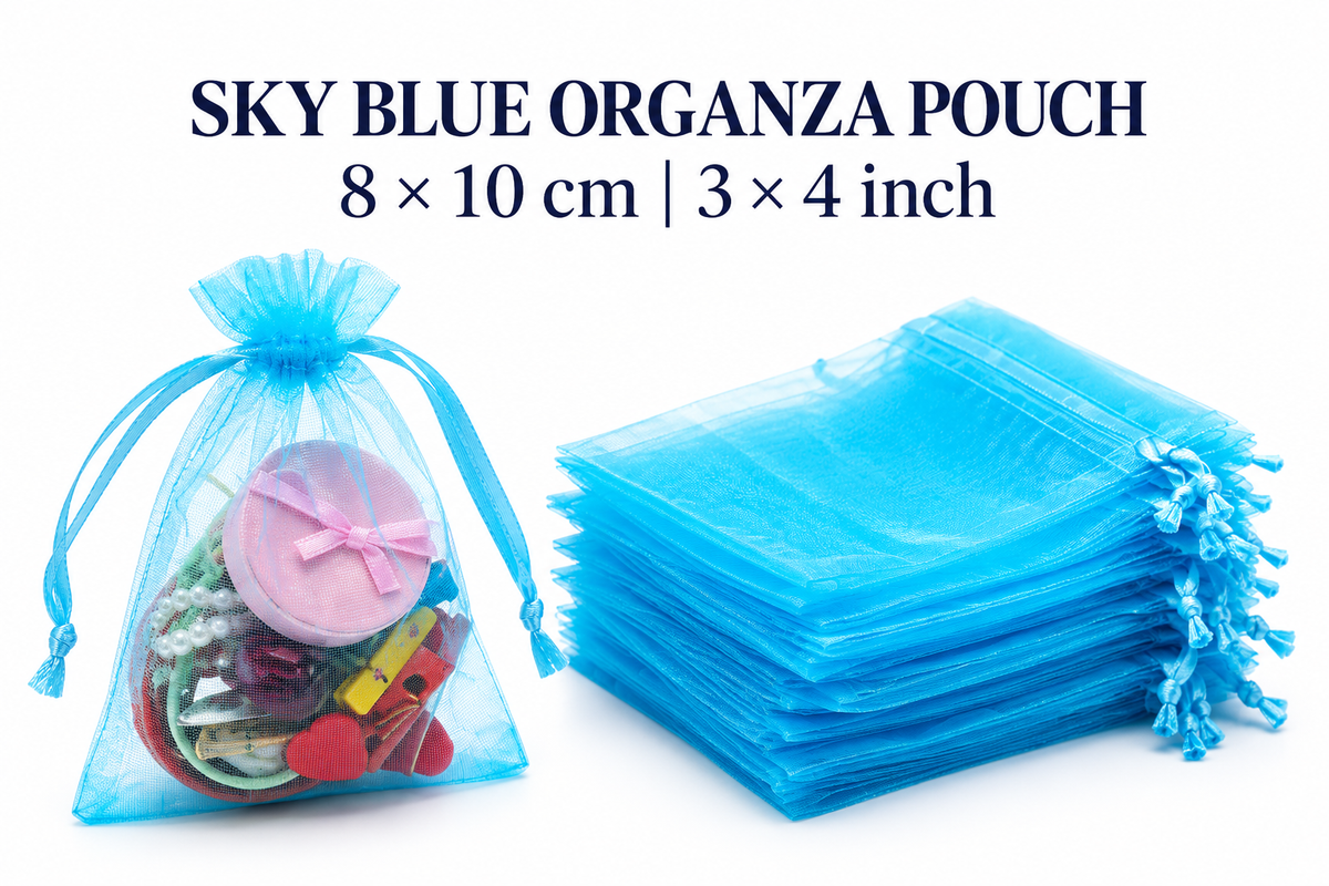 Sky Blue Organza Gift Pouches 3 × 4 Inch | Drawstring Return Gift Bags- Set of 10