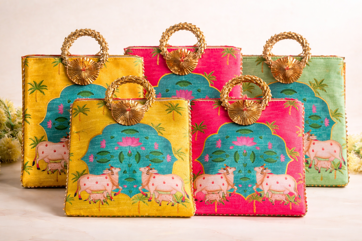 Cow Digital Satin Print Combo | Zipper Gift Bag + MDF Kumkum Plate