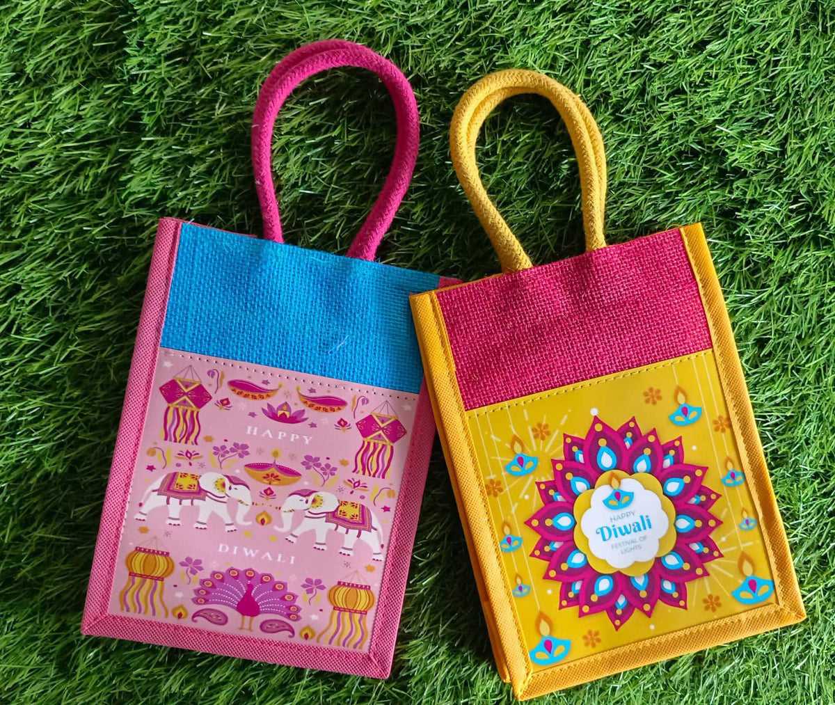 Diwali Special Jute Gift Bags Set of 10 | Printed Diwali Return Gift Bags | 8ร6ร4 Inches