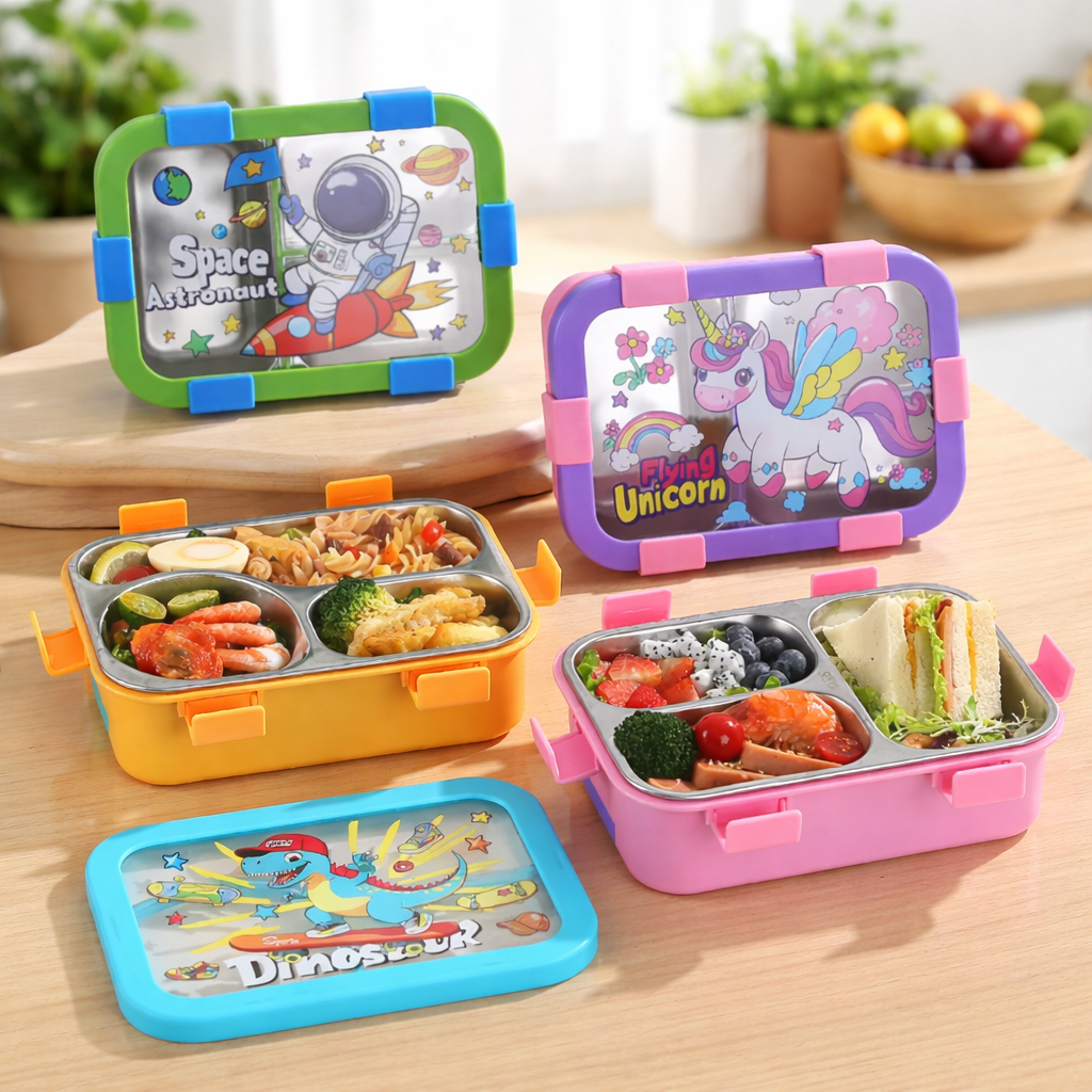 Kids Stainless Steel Compartment Lunch Box – Leakproof School Tiffin Box with 4 Sections | Cartoon Lunch Box for Boys & Girls