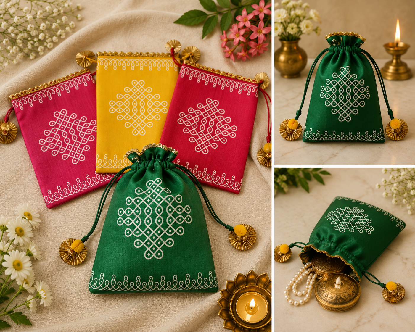 Kolam Print Potli Bags 7Γ9 Inch β Festival Return Gift & Thamboolam Bags | Set of 5