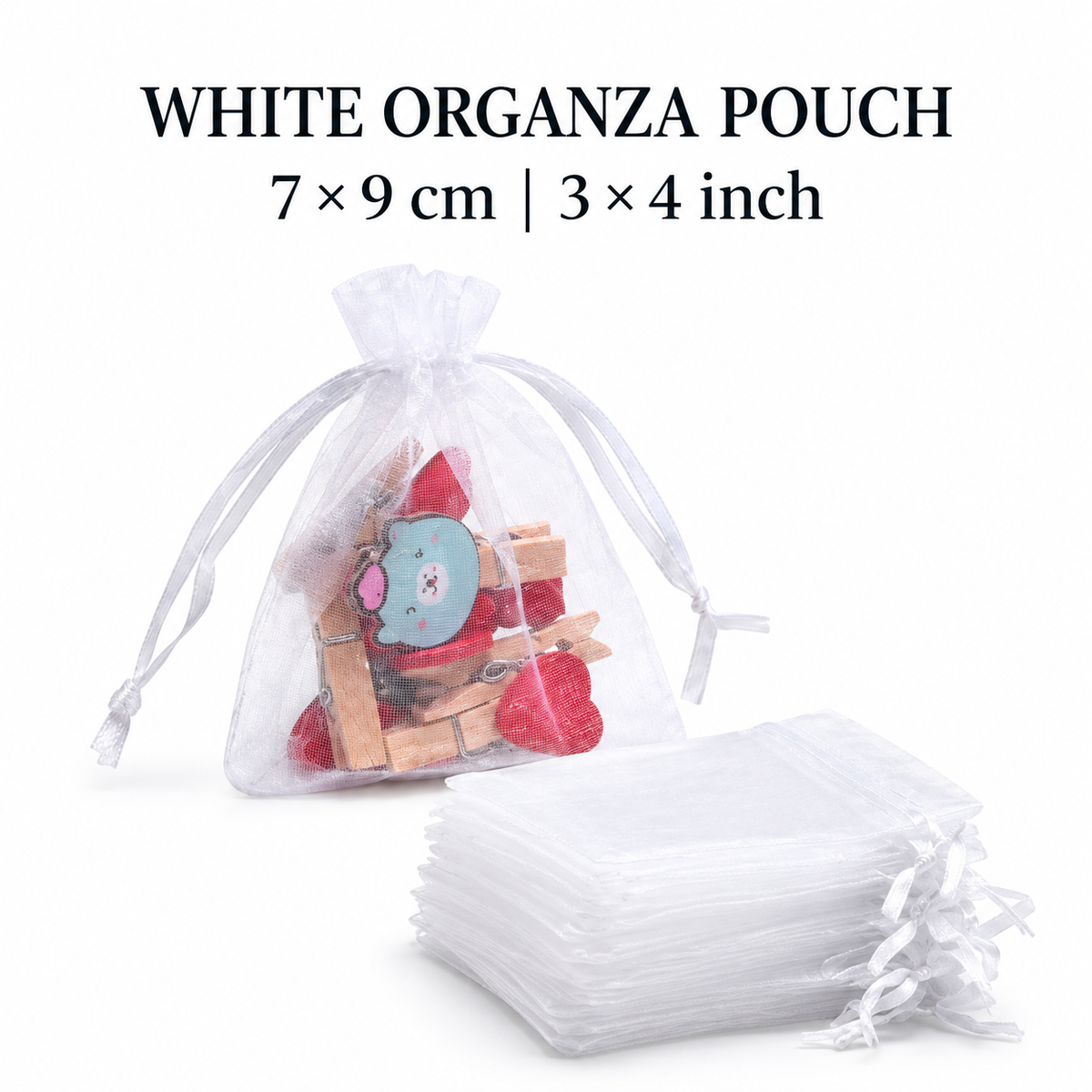 White Organza Gift Pouches – Set of 10 | 3 × 4 Inch Drawstring Return Gift Bags
