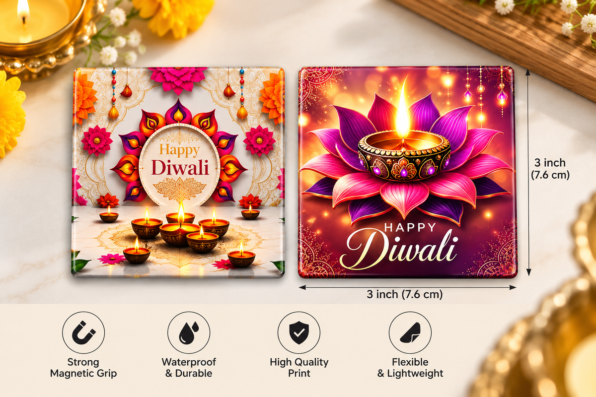 Happy Diwali Flexible Fridge Magnets – Set of 10 | 3 × 3 Inch | Mixed Designs
